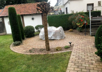 runde gepflasterte Steinterasse im Garten mit Bäumchen und Sträuchern