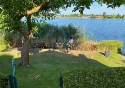 Gärtner mähen Rasen und schneiden Gras am Ufer eines Sees